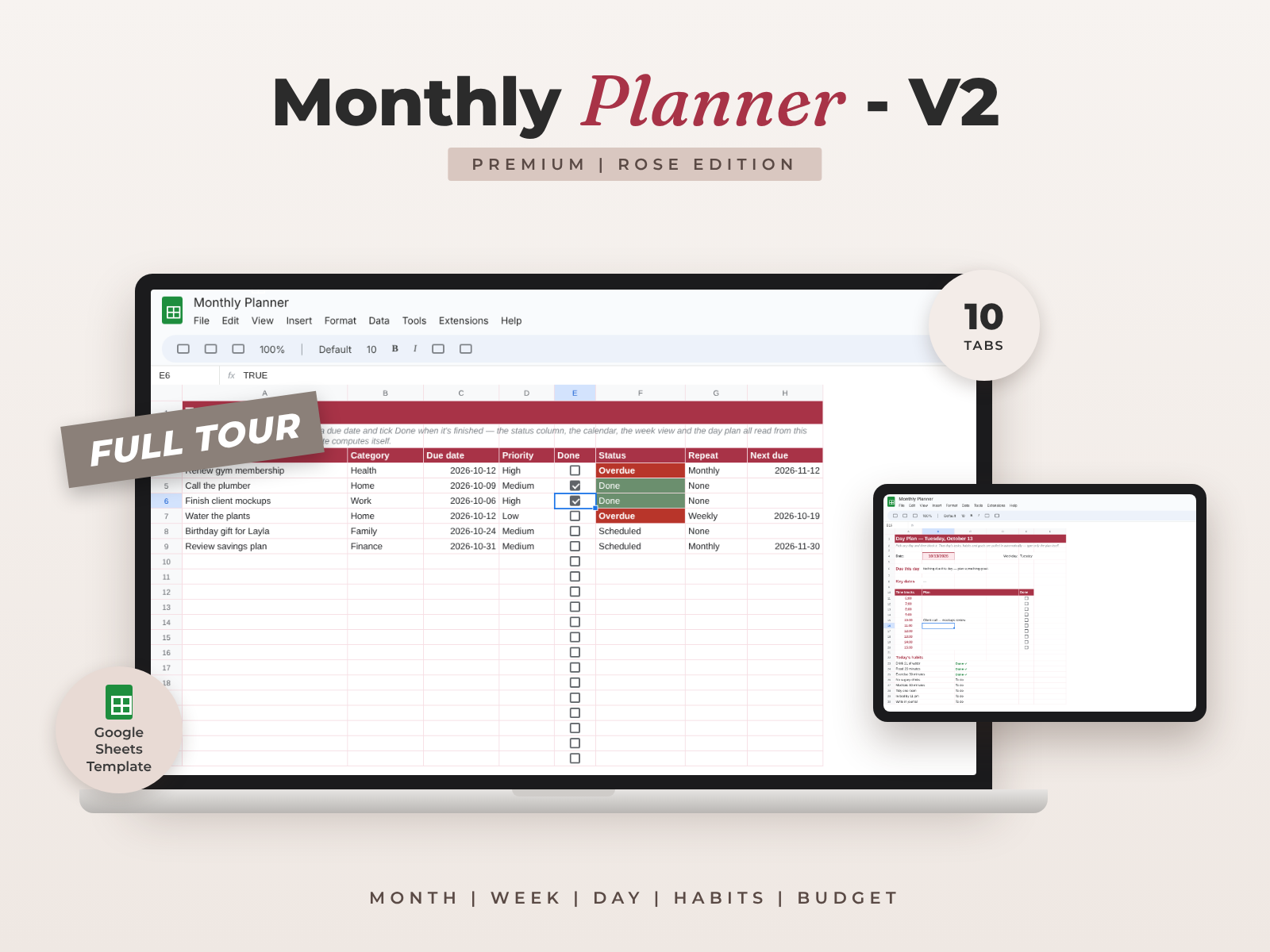 Monthly Planner V2 Pink Premium — Google Sheets template