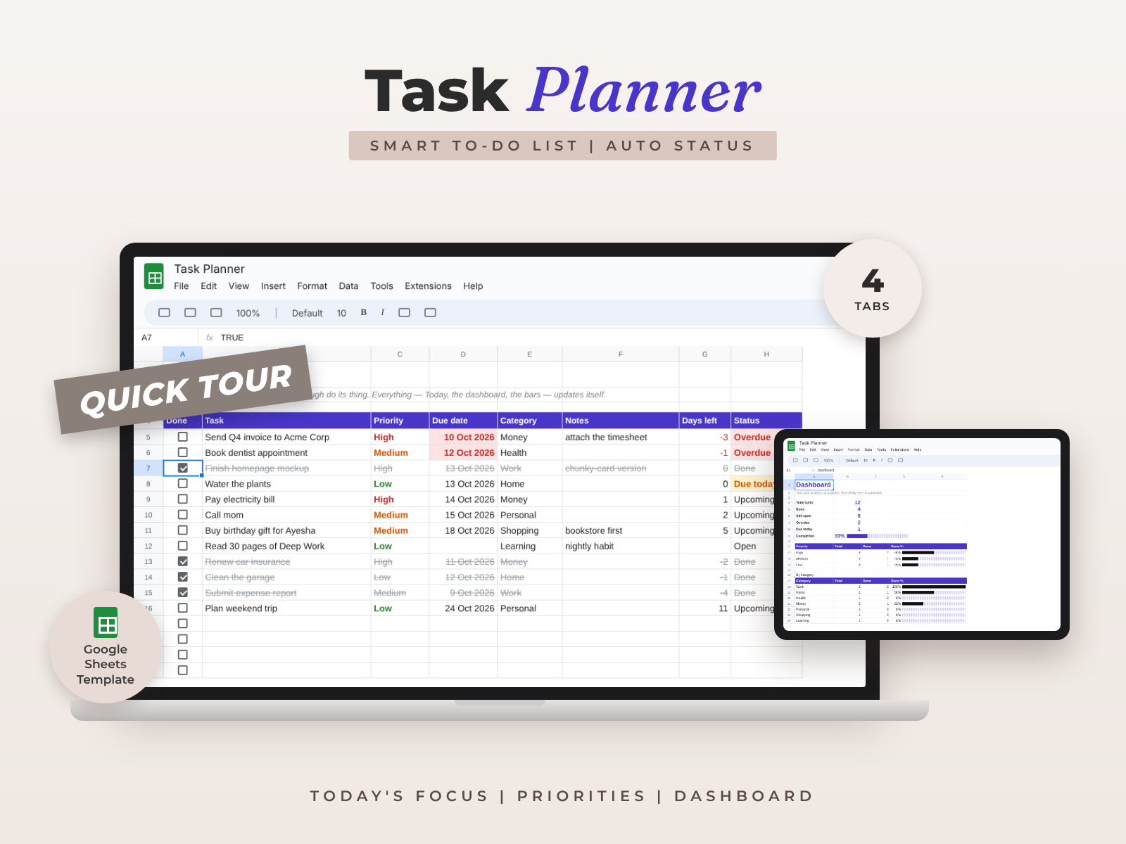 Smart Task Planner — Google Sheets template