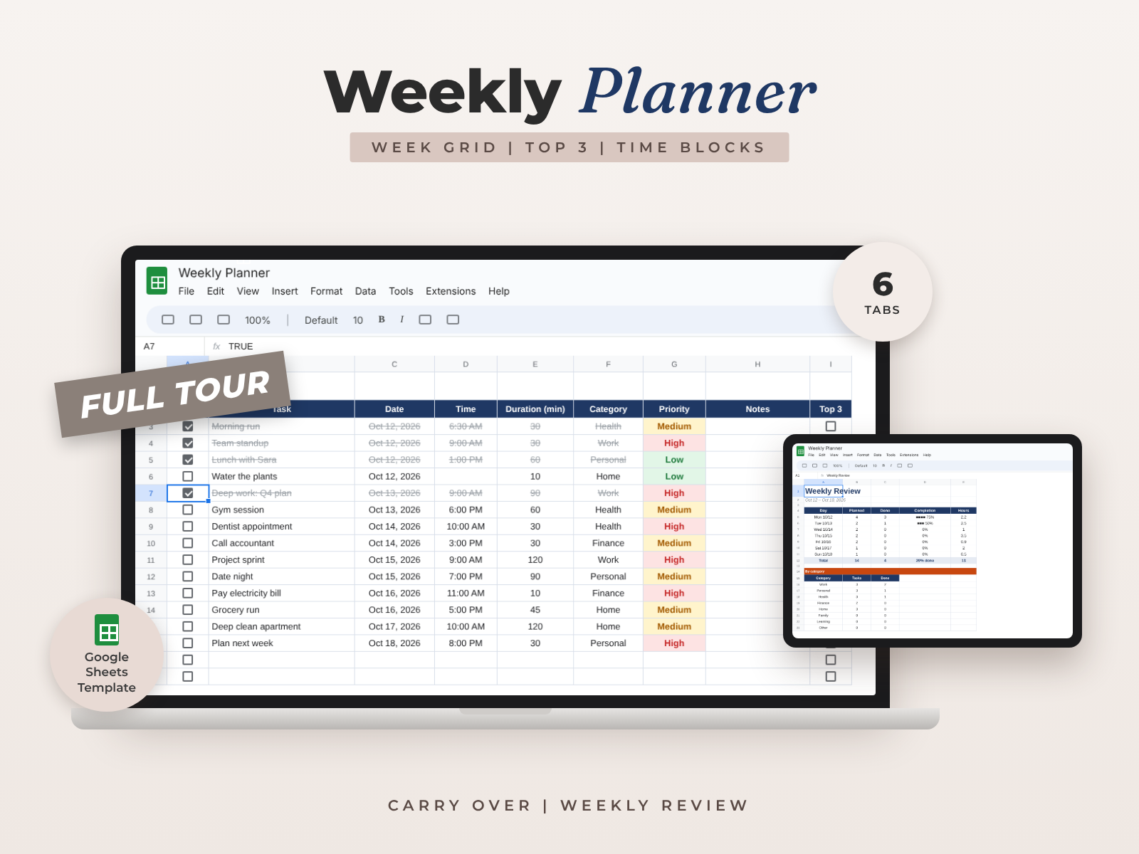 Weekly Planner — Google Sheets template