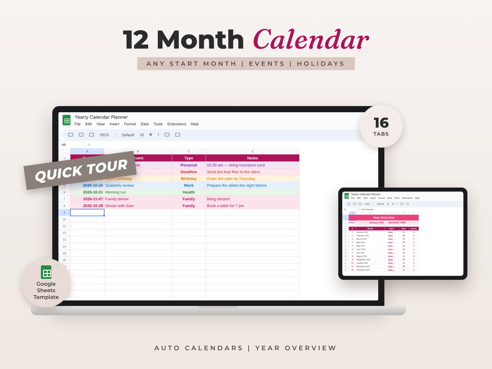 Simple 12 Month Calendar Pink — Google Sheets template